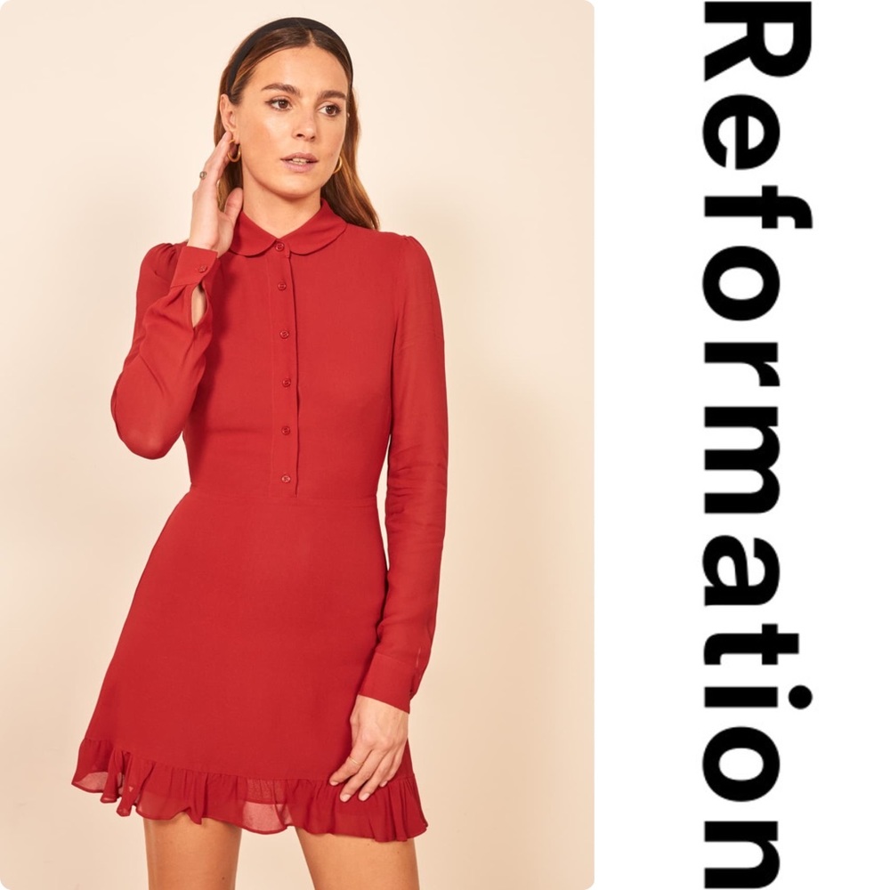 Reformation Lady Ruffle Hem Long Sleeve Minidress - Picture 1 of 9